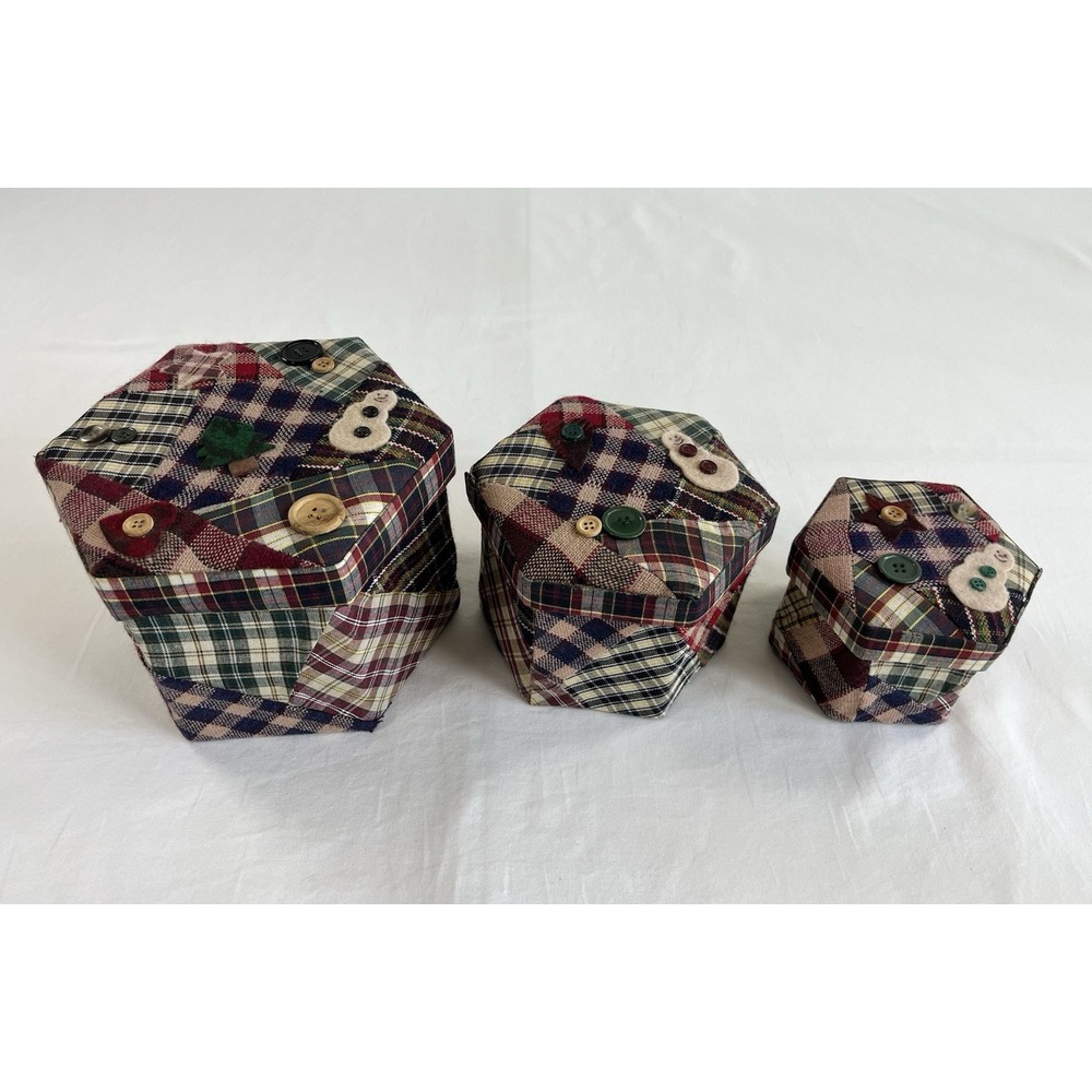 Vtg Christmas Patchwork Quilted Fabric Nesting Boxes 3pc Hexagon Snowman Plaid